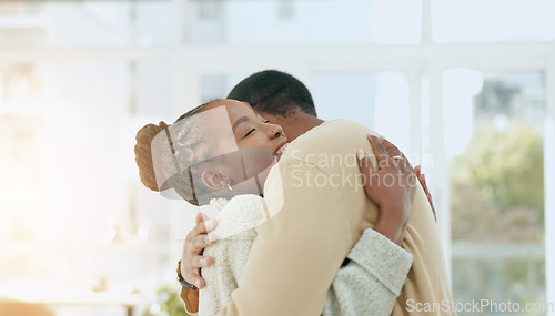Image of Black couple, dance together and hug in home with conversation, care and love with bonding. Man, woman and dancing with support, talking and romance with solidarity in house with trust in partnership