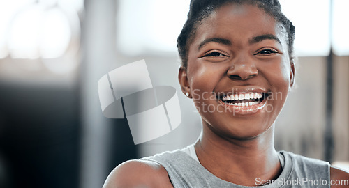 Image of Break, portrait or black woman laughing in gym for a workout, exercise or training for fitness or wellness. Face of happy sports girl or funny female African athlete smiling with positive mindset