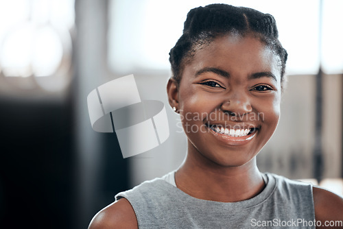 Image of Break, portrait or happy black woman at gym for a workout, exercise or training for healthy fitness or wellness. Face of sports girl or proud African athlete smiling or relaxing with positive mindset