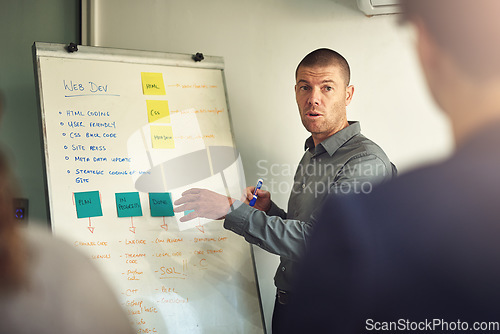 Image of Web development, mentor with whiteboard and in a business meeting of their modern workplace office together. Presentation or support, brainstorming or data review and coach with coworkers in workshop