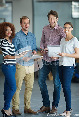 Image of Team planning, portrait or business people with ideas in meeting for brainstorming together in office. Diversity, digital or IT employees networking with technology, notes or documents in workplace