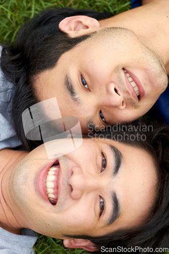 Image of Love, lgbt and relax with portrait of gay couple in grass from top view for freedom, bonding and happiness. Smile, relationship and happy with face of asian men in park for romance, nature and care