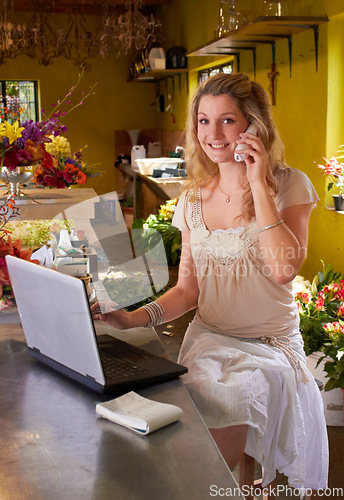 Image of Florist woman, phone call and portrait with laptop, smile or communication in store for flowers. Small business owner, talking and happy for networking by computer, plants and retail customer service