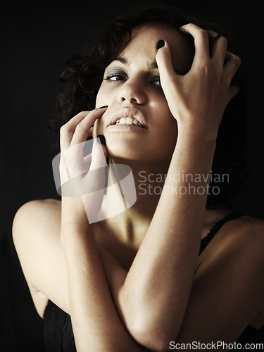 Image of Portrait, depression and woman with anorexia in studio with bulimia, body dysmorphia and crisis on black background. Anxiety, psychology and face anorexic female person with eating disorder and shame