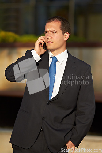 Image of Phone call, serious or businessman in city planning work project in conversation or communication. Face, broker or financial manager networking for corporate investment or listening to an accountant