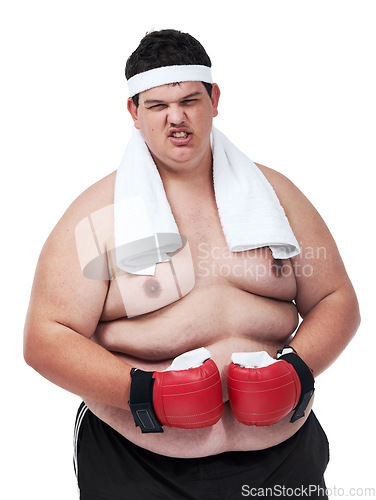 Image of Boxer, sports portrait and plus size man determined to lose weight, body exercise goals or focus on fitness health. Boxing, studio challenge and funny person training isolated on white background