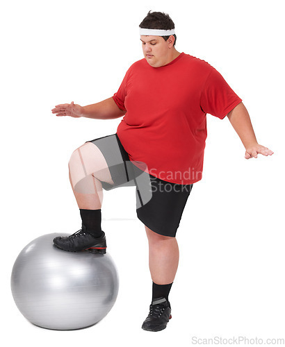 Image of Exercise ball, balance and plus size man determined to lose weight, body workout diet or focus on fitness health. Gym club equipment, studio challenge and person training isolated on white background