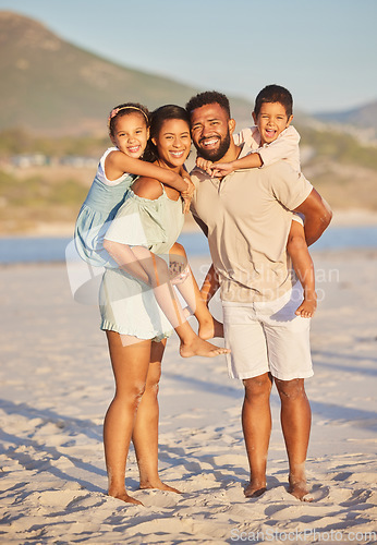 Image of Mother, father or portrait of happy kids at beach to travel with a smile, joy or love on holiday vacation. Mom, piggyback or dad with children as a family in Mexico with wellness bonding together