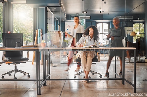 Image of Business women, fashion design team and office with planning style at a creative company. Management, working and female staff in a conversation and meeting for teamwork and strategy in workplace