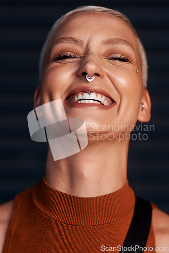 Image of Woman beauty, laughing and face with hipster and gen z fashion with a smile and piercing. Cool style, happy and cosmetics of a female person with happiness, confidence and jewelry wearing makeup