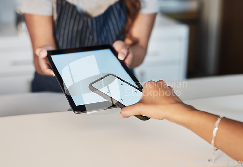 Image of Woman, hands and mockup screen for payment, ecommerce or tap in electronic purchase at cafe. Hand of female waitress and customer with technology display or tracking markers for fintech transaction