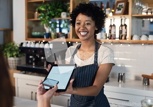 Image of Happy woman, tablet and mockup screen for payment, ecommerce or tap in electronic purchase at cafe. Female waitress and customer with technology display for fintech transaction or paying at checkout