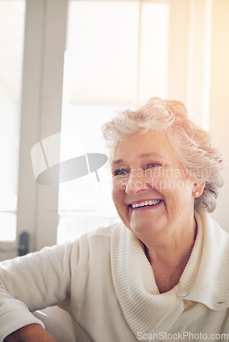 Image of Relax, happy and face of old woman on sofa for free time, retirement and weekend. Smile, happiness and mindset with senior person in living room for elderly, positive and carefree resting at home