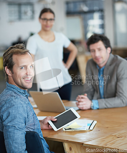 Image of IT team, portrait or happy developers in meeting for discussion or brainstorming together in office. Diversity, digital app or programmers networking with technology, tablet or laptop in workplace