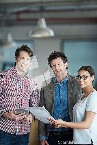 Image of Team planning, portrait or business people with smile in meeting for brainstorming together in office. Diversity, digital or happy employees smiling with technology, notes or documents in workplace