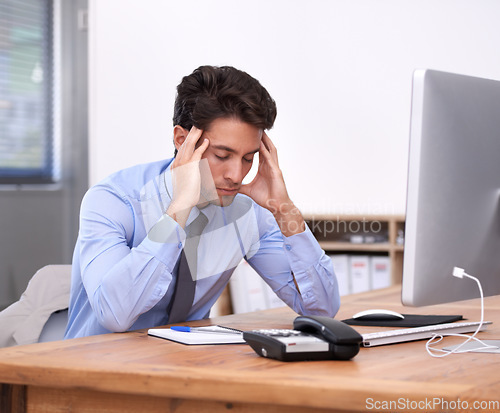 Image of Stress headache, business man and tired employee from corporate career in office. Anxiety, lawyer deadline and burnout of a male professional with pain, frustrated and staff with fatigue at desk