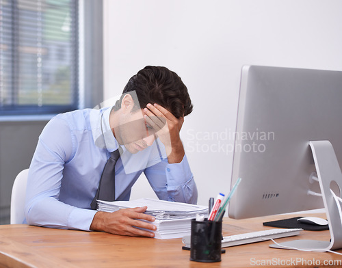 Image of Stress, business man headache and paperwork with law proposal from corporate career in office. Anxiety, lawyer deadline and burnout of male professional with notes, contract and report with fatigue