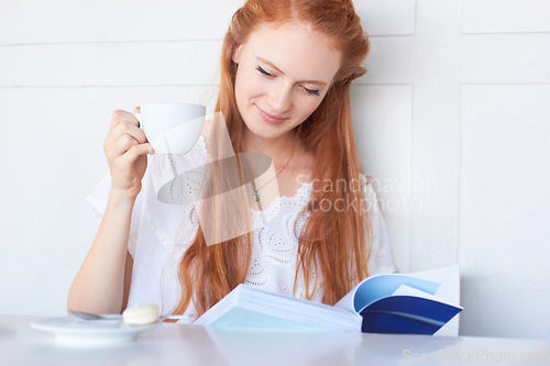 Image of Drinking coffee, relax and woman reading a book, break or lady with a hobby, home or peace. Female person, calm or girl with a novel, literature or tea with espresso, story or thinking with knowledge