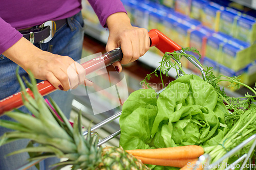 Image of Woman, shopping cart and customer with grocery, vegetables or fruit and healthy food for diet, nutrition and supermarket. Market, store or person to shop groceries and carrot, lettuce and pineapple
