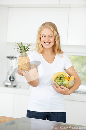 Image of Fruits, pineapple or portrait of happy woman with healthy lunch or breakfast meal or diet in kitchen at home. Morning, smile or vegan girl with natural food to lose weight for gut health or wellness