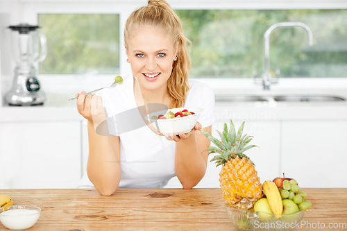 Image of Fruits, eating or portrait of happy woman with healthy lunch or breakfast meal or diet in kitchen at home. Morning, smile or vegan girl enjoying a salad, food or bowl to lose weight for wellness