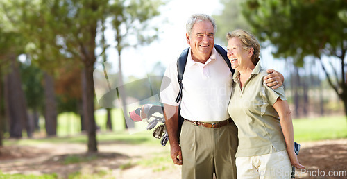 Image of Happy old couple, hug or portrait of golfers in fitness workout, exercise or round on course or field. Embrace, elderly man hugging, laughing or smiling in golfing sports game with funny senior woman