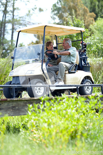 Image of Golf cart, old couple or happy golfers driving on course in fitness workout or exercise while talking together. Mature man driver, senior woman golfing or people training in sports game in retirement