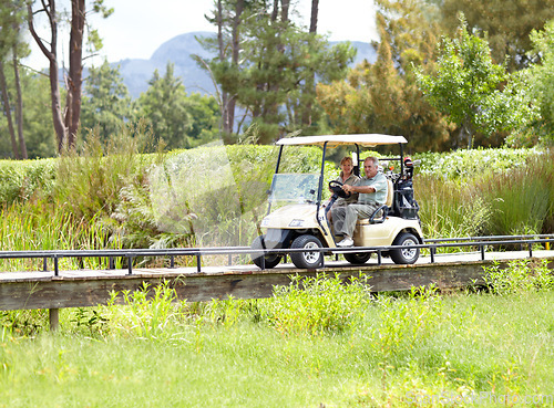 Image of Golf cart, old couple or golfers driving on field in fitness workout or exercise on green course together. Mature male driver, senior woman golfing or people training in sports game in retirement