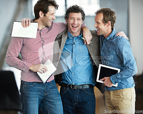 Image of Support, teamwork or happy business people hug for motivation for mission, collaboration or goals. Team building, group or excited startup developers laughing with smile, pride or solidarity together
