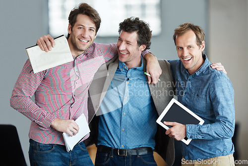 Image of Portrait, teamwork or happy business people hug for motivation for support, collaboration or goals. Team building, hugging or excited startup developers laughing with pride or solidarity together