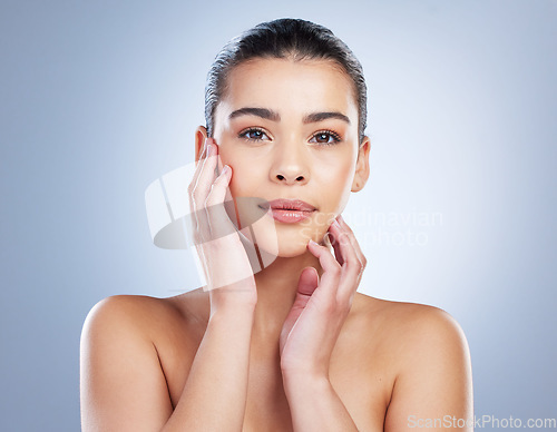 Image of Skincare, health and portrait of woman with a natural, wellness and beauty facial routine in a studio. Cosmetic, self care and female model with dermatology face treatment isolated by gray background