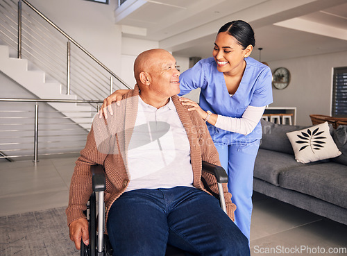 Image of Nurse, smile and man with disability in wheelchair for medical trust, nursing therapy and support at home. Happy patient, caregiver and woman in healthcare, rehabilitation service and retirement help