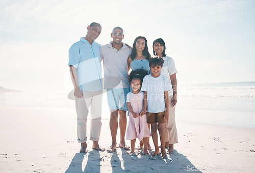 Image of Travel, beach and portrait of happy family with grandparents at the sea or ocean for love, care and happiness. Happy, sun and parents with children or kids bonding on a holiday for freedom on sand