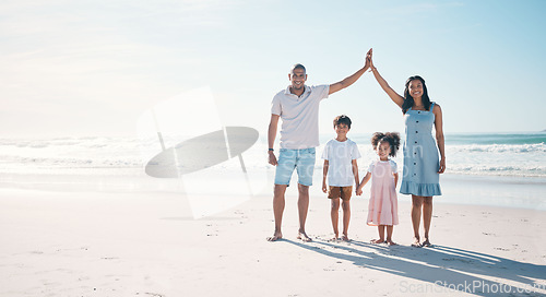 Image of Support, beach and portrait of parents and children on holiday, quality time and vacation in nature. Happy family, travel and mother, father and kids relax by ocean for love, shelter and childcare