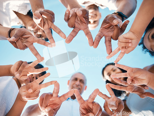 Image of Peace, hands and people with star for team building, support and partnership from below. V sign, collaboration and group with finger emoji for teamwork, about us and faq, motivation or goal mission