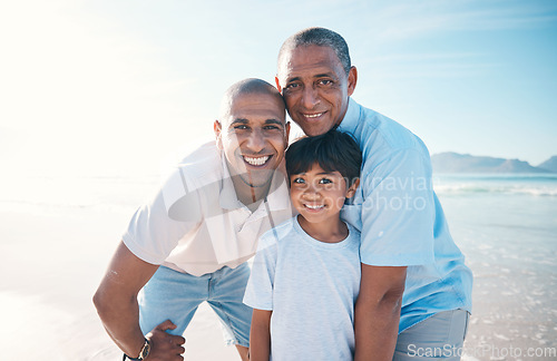 Image of Grandfather, beach and portrait of father and boy on holiday, weekend and vacation in nature. Happy family, travel and grandpa, dad and child relax by ocean for bonding, quality time and having fun