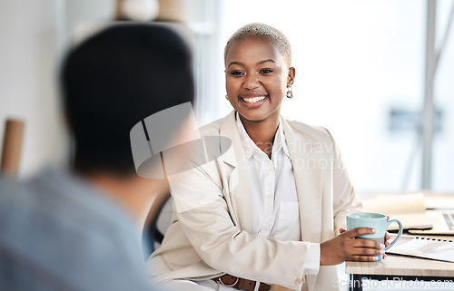 Image of Black woman, employee and speaking with business, meeting and communication with success, company growth and smile. Happy female person, staff and teamwork with collaboration, talking and partnership