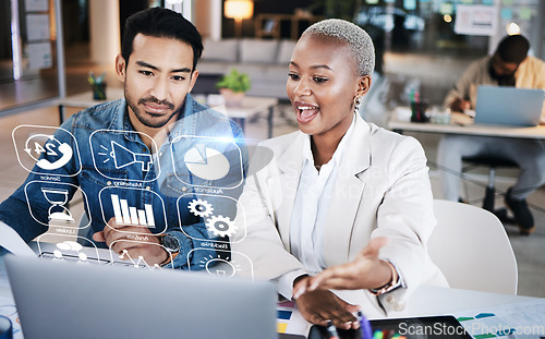 Image of Business man, woman and laptop with hologram dashboard, app ux and web design for seo in startup office. Tech company, developer partnership and excited to show futuristic holographic ui on computer