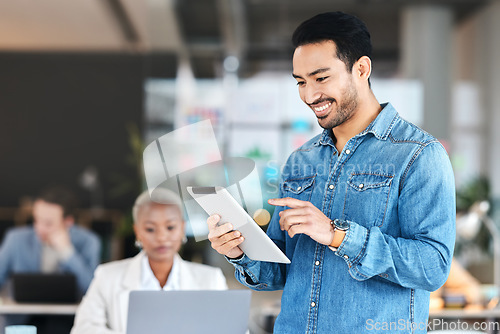 Image of Tablet, digital and businessman typing online or employee happy for startup financial growth on a website or web. Smile, technology and worker working in the internet or writing a project or proposal