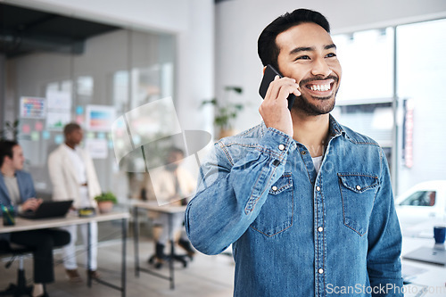 Image of Happy man, deal or business developer on a phone call talking, networking or speaking of ideas in office. Smile, mobile communication or founder in conversation for a negotiation offer or planning