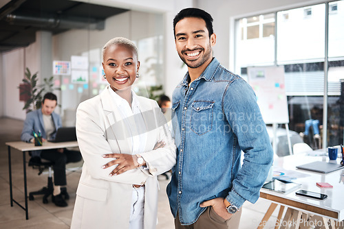 Image of Agency, about us and portrait of employees happy for startup financial growth or development in an office . Smile, teamwork and business people or professional team in collaboration for a company