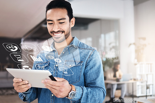 Image of Tablet, hologram and web designer working on app software development for startup website, web or internet connection. Smile, technology and businessman typing graph statistics for an online proposal