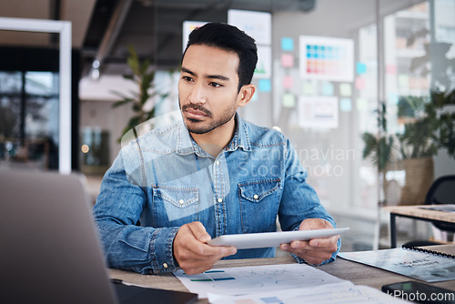 Image of Thinking, tablet and man at desk with paperwork, notes and research planning at design agency. Business, documents and computer, employee in office reading email or online report at tech startup job.