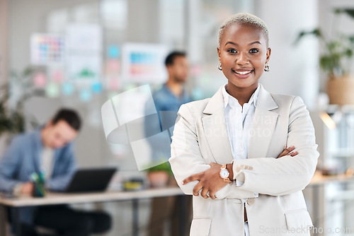 Image of Portrait, confident and happy woman in office with mockup, leadership and startup business ceo at agency. Management career, smile and African businesswoman with arms crossed in corporate work space.