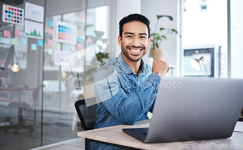 Image of Portrait, business and man with a laptop, smile and connection with website information, advertising agency and career. Face, happy male person or ad agent with a pc, digital planning and copywriting