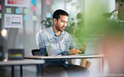 Image of Thinking, typing and man at desk with laptop, ideas and research planning at design agency. Business, work and computer, employee in office reading email or online report in creative startup career.