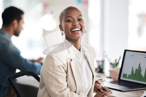 Image of Portrait of happy woman at desk in coworking space with laptop, notes and work at design agency. Business, smile and data analysis on computer, African girl in office with confidence at startup job.