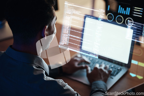 Image of Hologram, programming and man with a laptop, code and typing with data software, stock market and analytics. Male person, programmer and developer with a pc, database and investment with a screen