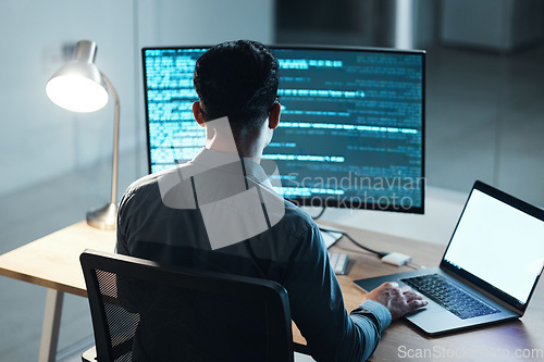 Image of Office, programming and man with technology, code and typing with data analytics, cyber security and software update. Male person, programmer and developer with laptop, database and cloud computing