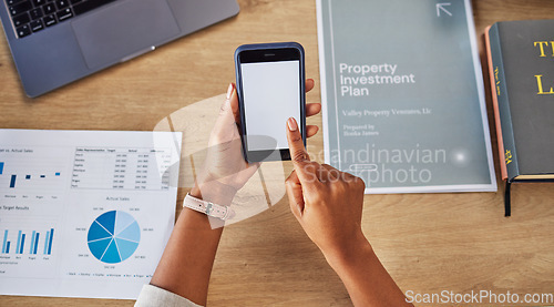 Image of Woman, hands and phone on mockup screen of realtor for advertising, research or marketing above at office. Top view of person or real estate agent on mobile smartphone, rent app or display on desk